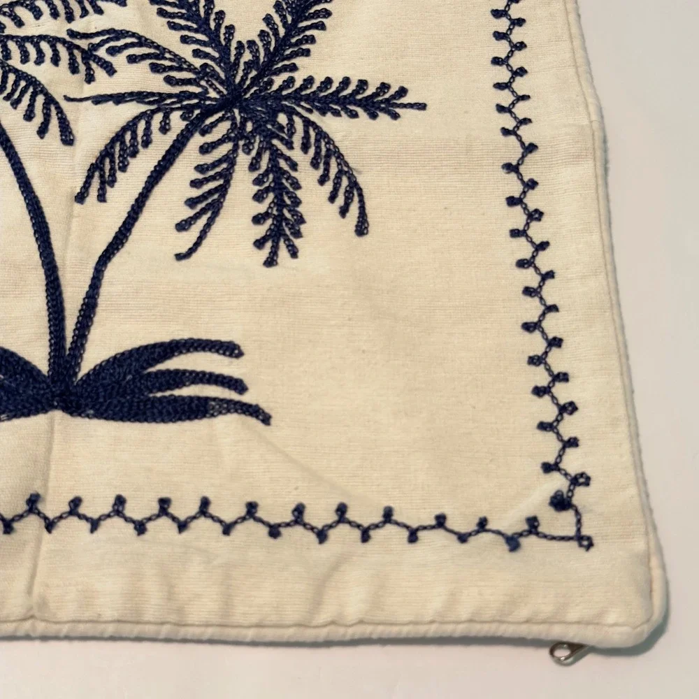 Navy Blue Embroidered Palm Tree Cream Throw Pillow Cover 15.5X15.5